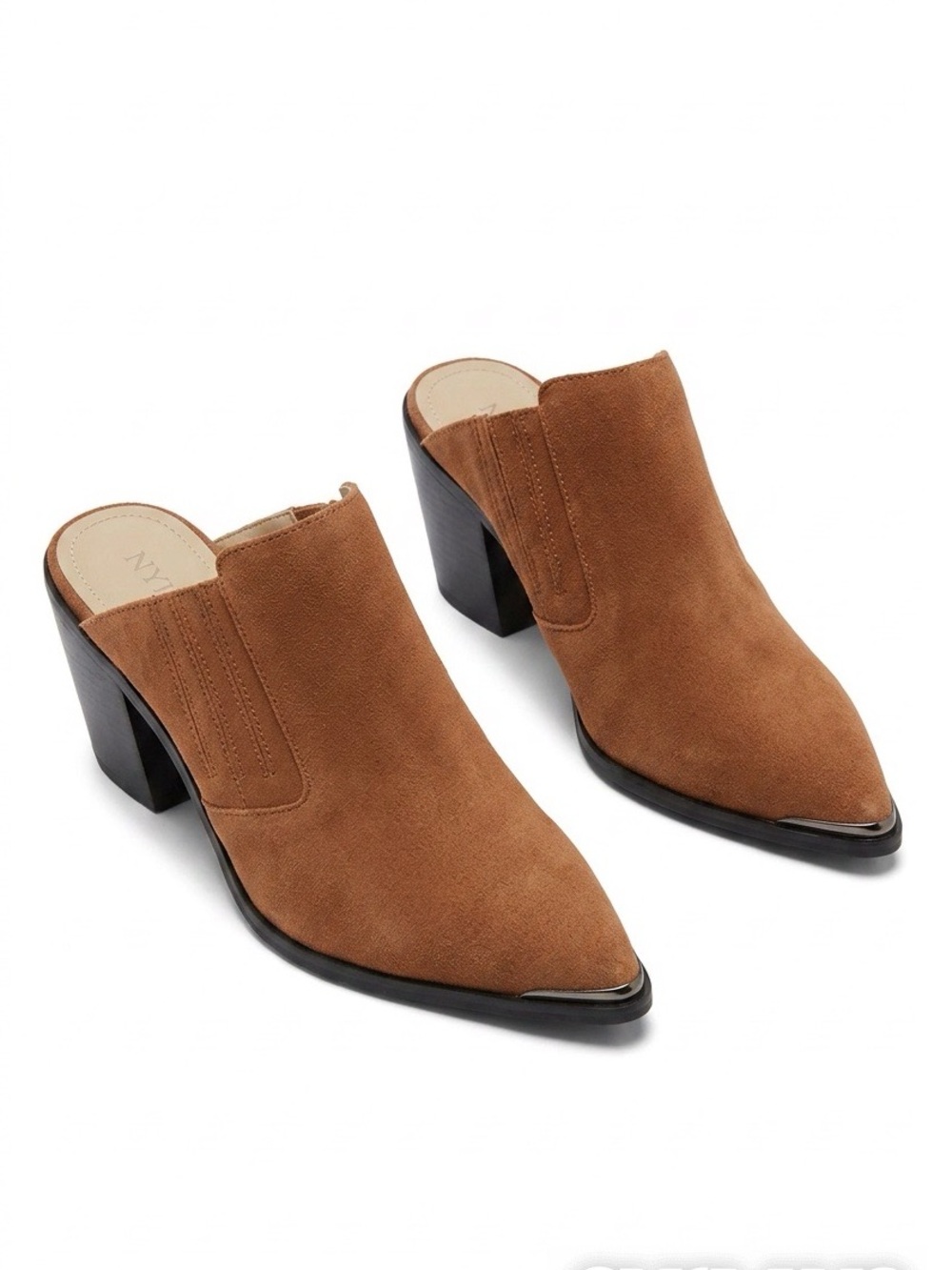 NYDJ Wilmacs Suede Camel Pointed Toe Mules Western Metal Tip - Size 9